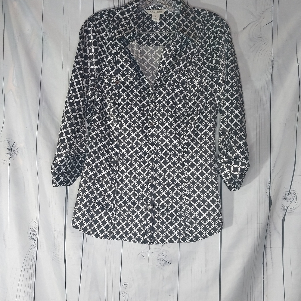 White House Black Market Black and White Geometric Button-Down Shirt